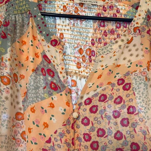 Rose & Olive Vibrant Floral Top with Patchwork Design, Button Front Smocked Back - Picture 4 of 8